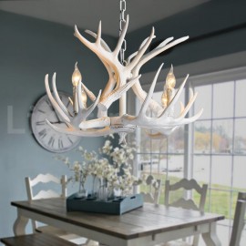 4 Light Rustic Artistic Retro Antler White Chandelier for Living Room, Dining Room, Bedroom, Shop, Cafes, Bar