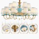 100% Brass Luxurious Rustic Retro Vintage Brass Ceramics Pendant Candle Chandelier with Blue Fabric Shades Special for Office, S