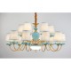 100% Brass Luxurious Rustic Retro Vintage Brass Ceramics Pendant Candle Chandelier with Blue Fabric Shades Special for Office, S