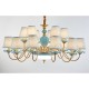 100% Brass Luxurious Rustic Retro Vintage Brass Ceramics Pendant Candle Chandelier with Blue Fabric Shades Special for Office, S