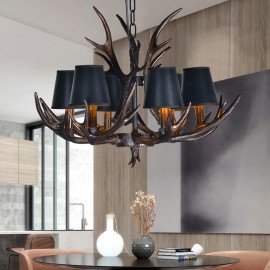 6 Light Black Rustic Artistic Retro Antler Antique Chandelier with Shades for Living Room, Dining Room, Bedroom, Shop, Cafes, Ba